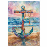 Watercolor Painting of a Multicolored Anchor on Beach with Ocean Waves and Colorful Sunset Sky | Nautical Coastal Wall Art on Ready to Hang 1.5" Thick Canvas Wrap, Floating Framed Canvas, Flat Rolled Canvas