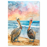 Two Colorful Pelicans on Sandy Beach with Gentle Ocean Waves and Sunset Sky in Vibrant Watercolor Illustration on Ready to Hang 1.5" Thick Canvas Wrap, Floating Framed Canvas, Flat Rolled Canvas