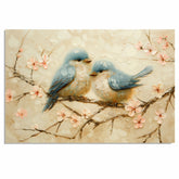 Oil Painting of Two Bluebirds Sitting on a Blossoming Branch Surrounded by Soft Pastel Flowers Featuring Textured Brush Strokes and a Serene Springtime Setting on Ready to Hang 1.5" Thick Canvas Wrap, Floating Framed Canvas, Flat Rolled Canvas