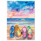Vibrant Watercolor of Four Colorful Flip-Flops on Sandy Beach with Ocean Waves and Sunset Sky in Summer Coastal Style on Ready to Hang 1.5" Thick Canvas Wrap, Floating Framed Canvas, Flat Rolled Canvas