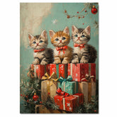 Vintage Christmas Kittens Print Three Cute Cats with Red Bows Sitting on Colorful Holiday Gifts Retro Festive Art Perfect for Cozy Winter and Holiday Decor on Ready to Hang 1.5" Thick Canvas Wrap, Floating Framed Canvas, Flat Rolled Canvas