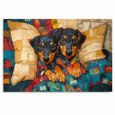 Painting of Two Dachshund Puppies in Colorful Pajamas Snuggled Under a Patchwork Quilt with Big Eyes and Floppy Ears in a Cozy Bed Surrounded by Soft Pillows on Ready to Hang 1.5" Thick Canvas Wrap, Floating Framed Canvas, Flat Rolled Canvas