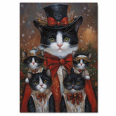 Victorian Yuletide Charm: Tuxedo Cat Mom with Four Kittens in Red Ribbons on Ready to Hang 1.5" Thick Canvas Wrap, Floating Framed Canvas, Flat Rolled Canvas