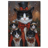 Victorian Yuletide Charm: Tuxedo Cat Mom with Four Kittens in Red Ribbons on Ready to Hang 1.5" Thick Canvas Wrap, Floating Framed Canvas, Flat Rolled Canvas