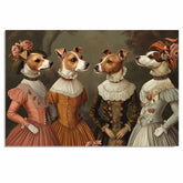 Victorian Dog Art Print Featuring Four Jack Russell Dogs in Elegant Dresses Regal Hand Drawn Pet Portrait Illustration for Unique Gift or Wall Home Decor on Ready to Hang 1.5" Thick Canvas Wrap, Floating Framed Canvas, Flat Rolled Canvas