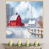 Christmas in the Country – Rustic Home with Red Barn and Snowfall on Ready to Hang 1.5" Thick Canvas Wrap, Floating Framed Canvas, Flat Rolled Canvas