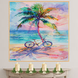 Watercolor Painting of Palm Tree and Bicycle on Beach with Ocean Sunset Background on Ready to Hang 1.5" Thick Canvas Wrap, Floating Framed Canvas, Flat Rolled Canvas