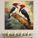 Pair of Red Headed Black and White Birds Perched on Tree Branch in Detailed Nature Painting Showcasing Wildlife Beauty and Woodland Charm on Ready to Hang 1.5" Thick Canvas Wrap, Floating Framed Canvas, Flat Rolled Canvas