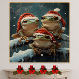 Christmas Frogs in Santa Hats Festive Tree Frogs Sitting on Snowy Branches Adorable Winter Holiday Decoration for Home Office or Christmas Gifts on Ready to Hang 1.5" Thick Canvas Wrap, Floating Framed Canvas, Flat Rolled Canvas