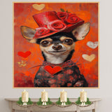 Rose of Elegance: Chihuahua in a Glamorous Red Dress and Red Hat Adorned with a Rose Timeless Romantic Painting on Ready to Hang 1.5" Thick Canvas Wrap, Floating Framed Canvas, Flat Rolled Canvas