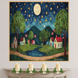 4th of July Village Flags Fireworks Under the Swirled Sky Flat Rolled, Framed or Wrapped Canvas on Ready to Hang 1.5" Thick Canvas Wrap, Floating Framed Canvas, Flat Rolled Canvas