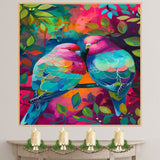 Vivid Lovebirds with Colorful Plumage on a Branch in a Bright Tropical Forest Scene on Ready to Hang 1.5" Thick Canvas Wrap, Floating Framed Canvas, Flat Rolled Canvas