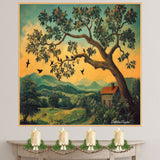 American Folk Art Tree of Birds – Rustic Countryside Wall Art Print with Cabin and Rolling Hills on Ready to Hang 1.5" Thick Canvas Wrap, Floating Framed Canvas, Flat Rolled Canvas
