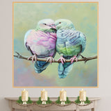 Colorful Lovebirds Sharing a Tender Moment on a Branch with Soft Pastel Background on Ready to Hang 1.5" Thick Canvas Wrap, Floating Framed Canvas, Flat Rolled Canvas