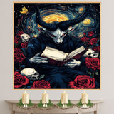 Dark Fantasy Devil Figure Reading a Book Amid Red Roses and Skulls, Gothic Surreal Scene with Horns, Glowing Eyes, and Swirling Starry Background on Ready to Hang 1.5" Thick Canvas Wrap, Floating Framed Canvas, Flat Rolled Canvas