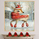 Whimsical Christmas Deer Ice Skating Red Scarf and Santa Hat Winter Animal Illustration for Holiday Wall Decor Nursery or Woodland Themed Room on Ready to Hang 1.5" Thick Canvas Wrap, Floating Framed Canvas, Flat Rolled Canvas