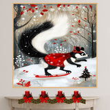 Whimsical Christmas Skunk in Feathered Hat – Red Cape Ice Skating Winter Animal Art Print, Elegant Holiday Woodland Decor, Cozy Christmas Nursery Wall Art on Ready to Hang 1.5" Thick Canvas Wrap, Floating Framed Canvas, Flat Rolled Canvas