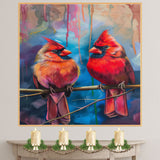 Pair of Red Cardinals on Branch – Vivid Brushstroke Style Painting with Expressive Background and Lifelike Bird Details in Bold Colors on Ready to Hang 1.5" Thick Canvas Wrap, Floating Framed Canvas, Flat Rolled Canvas