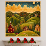 Charming Folk Art Landscape with Rolling Hills, Cozy Houses, and a Glowing Sunset Sky Full of Stars on Ready to Hang 1.5" Thick Canvas Wrap, Floating Framed Canvas, Flat Rolled Canvas