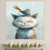 Happy Calico Cat with Orange-Tailed Bird on Head Adorable Animal Illustration for Kids Room or Nursery Whimsical Art Print for Cat and Bird Lovers on Ready to Hang 1.5" Thick Canvas Wrap, Floating Framed Canvas, Flat Rolled Canvas