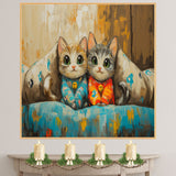 Painting of Two Adorable Kittens in Pajamas Sitting Side by Side on a Colorful Couch with Big Green Eyes and Cute Expressions in a Cozy Whimsical Scene on Ready to Hang 1.5" Thick Canvas Wrap, Floating Framed Canvas, Flat Rolled Canvas
