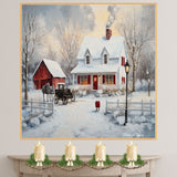 Charming Winter Painting of Snowy White Farmhouse, Red Barn, Horse and Wagon, and Glowing Lights at Dusk on Ready to Hang 1.5" Thick Canvas Wrap, Floating Framed Canvas, Flat Rolled Canvas