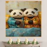 Whimsical Painting of Two Cute Panda Bears in Colorful Pajamas Holding Mugs with Cozy Expressions in a Textured Artistic Style on Ready to Hang 1.5" Thick Canvas Wrap, Floating Framed Canvas, Flat Rolled Canvas