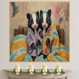 Charming Painting of Two Baby Skunks in Pajamas Sitting on a Colorful Bed with Warm Expressions and Floral Background in a Cozy Whimsical Setting on Ready to Hang 1.5" Thick Canvas Wrap, Floating Framed Canvas, Flat Rolled Canvas