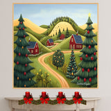 Festive Folk Art Christmas Scene with Red Houses, Rolling Hills, and Decorated Trees Under a Peaceful Winter Sky on Ready to Hang 1.5" Thick Canvas Wrap, Floating Framed Canvas, Flat Rolled Canvas