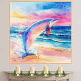 Watercolor Painting of Colorful Dolphin Leaping from Ocean Waves at Sunset with Splashing Water and Vibrant Sky in Pastel Tones on Ready to Hang 1.5" Thick Canvas Wrap, Floating Framed Canvas, Flat Rolled Canvas