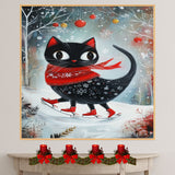 Christmas Wall Art Featuring Big-Eyed Black Cat Ice Skating in Snowy Forest with Red Scarf and Boots Whimsical Holiday Illustration for Winter Decor and Cat Lovers on Ready to Hang 1.5" Thick Canvas Wrap, Floating Framed Canvas, Flat Rolled Canvas