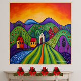 Vibrant Christmas Hillside with Whimsical Homes, Colorful Trees, and a Radiant Sunset in Bold Folk Art Style on Ready to Hang 1.5" Thick Canvas Wrap, Floating Framed Canvas, Flat Rolled Canvas