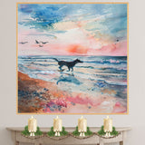 Watercolor Dog Running on Beach at Sunset with Ocean Waves and Birds in Serene Coastal Landscape Art Print on Ready to Hang 1.5" Thick Canvas Wrap, Floating Framed Canvas, Flat Rolled Canvas