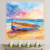 Watercolor Painting of Colorful Wooden Boat on Sandy Shore with Sunrise Reflections and Bright Ocean Waves Under Vibrant Sky on Ready to Hang 1.5" Thick Canvas Wrap, Floating Framed Canvas, Flat Rolled Canvas