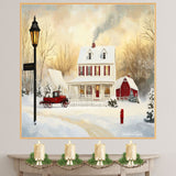Charming Winter Painting of White Farmhouse with Red Truck, Barn, Snow-Covered Trees, and Warm Sunset Glow on Ready to Hang 1.5" Thick Canvas Wrap, Floating Framed Canvas, Flat Rolled Canvas