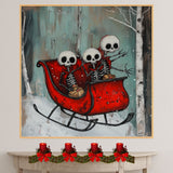 Whimsical Skeleton Sleigh Ride Christmas Print – Gothic Holiday Wall Art with Skeleton Friends in Red Sleigh, Spooky Winter Decor, Quirky Festive Illustration on Ready to Hang 1.5" Thick Canvas Wrap, Floating Framed Canvas, Flat Rolled Canvas