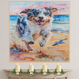 Vibrant Watercolor Painting of Fluffy Dog Running by the Ocean with Splashes and Seagulls in a Colorful Beach Scene on Ready to Hang 1.5" Thick Canvas Wrap, Floating Framed Canvas, Flat Rolled Canvas