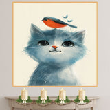 Playful Painting of a Wide-Eyed Blue Kitten with a Bright Orange Bird on Its Head Perfect for Whimsical Decor or a Thoughtful Gift for Animal Lovers on Ready to Hang 1.5" Thick Canvas Wrap, Floating Framed Canvas, Flat Rolled Canvas