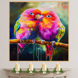 Bright Multicolor Lovebird Pair Artwork Featuring Pink Orange and Yellow Feathers Perched Closely on a Branch with Bold Expressive Brushstroke Background on Ready to Hang 1.5" Thick Canvas Wrap, Floating Framed Canvas, Flat Rolled Canvas