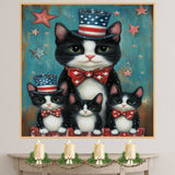 Freedom & Felines: Tuxedo Cat Mom with Three Kittens in a Patriotic Scene - Charming American-Themed Painting on Ready to Hang 1.5" Thick Canvas Wrap, Floating Framed Canvas, Flat Rolled Canvas