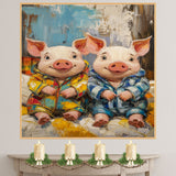 Playful Painting of Two Cute Piglets in Colorful Pajamas Sitting Side by Side with Happy Expressions in a Bold Textured Style on Ready to Hang 1.5" Thick Canvas Wrap, Floating Framed Canvas, Flat Rolled Canvas