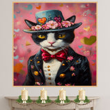 Regal Charm: Tuxedo Cat in a Flowery Hat and Elegant European Suit - Distinguished Classic Painting on Ready to Hang 1.5" Thick Canvas Wrap, Floating Framed Canvas, Flat Rolled Canvas