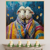 Adorable Painting of Two Sheep Wrapped in Colorful Quilted Blankets with Smiling Faces Surrounded by Flowers and a Deep Blue Whimsical Background on Ready to Hang 1.5" Thick Canvas Wrap, Floating Framed Canvas, Flat Rolled Canvas