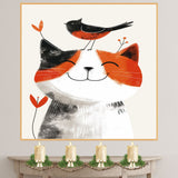 Playful Calico Cat Smiling with a Cute Red and Black Bird on Its Head in Minimalist Illustration Style on Ready to Hang 1.5" Thick Canvas Wrap, Floating Framed Canvas, Flat Rolled Canvas