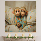 Precious Painting of Two Baby Monkeys in Colorful Pajamas Cuddled Close on Soft Floral Bedding with Big Eyes and Sweet Expressions in a Cozy Setting on Ready to Hang 1.5" Thick Canvas Wrap, Floating Framed Canvas, Flat Rolled Canvas