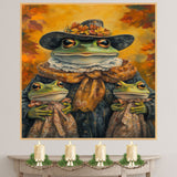 Autumn Elegance: Green Frog Mom and Daughters in Victorian European Fashion on Ready to Hang 1.5" Thick Canvas Wrap, Floating Framed Canvas, Flat Rolled Canvas