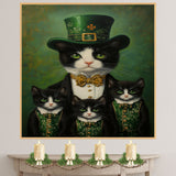 Luck of the Irish: Tuxedo Cat Mom and Four Kittens in Festive Green on Ready to Hang 1.5" Thick Canvas Wrap, Floating Framed Canvas, Flat Rolled Canvas