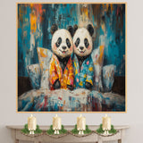 Cheerful Painting of Two Panda Bears in Colorful Pajamas Sitting on a Bed Surrounded by Bright Pillows with Joyful Faces and a Vivid Abstract Background on Ready to Hang 1.5" Thick Canvas Wrap, Floating Framed Canvas, Flat Rolled Canvas