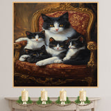 Elegant Victorian Gathering: Tuxedo Cat Mom with Four Kittens on a European Sofa on Ready to Hang 1.5" Thick Canvas Wrap, Floating Framed Canvas, Flat Rolled Canvas