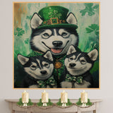 Festive Charm: Siberian Husky with Puppies in St. Patrick's Day Attire on Ready to Hang 1.5" Thick Canvas Wrap, Floating Framed Canvas, Flat Rolled Canvas